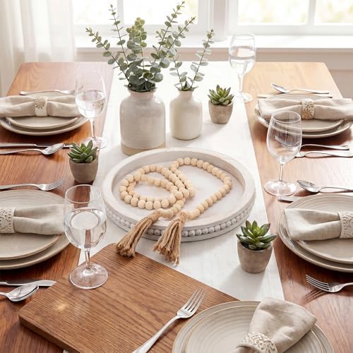 Mumufy 12" Round Decorative Tray with 58" Bead Garland, White Washed - Image 5
