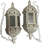 2PCS Moroccan Hanging Decorative Candle Lantern Holder Metal Tealight Candlestick Holder Glass Indoor Outdoor Candle Holder Courtyard Hanging Decoration (Vintage White) by BWRMHME