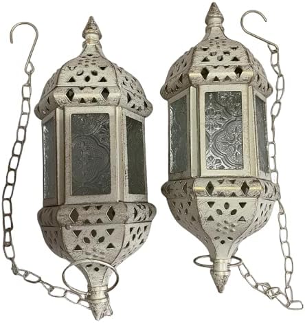 2PCS Moroccan Hanging Decorative Candle Lantern Holder Metal Tealight Candlestick Holder Glass Indoor Outdoor Candle Holder Courtyard Hanging Decoration (Vintage White) by BWRMHME