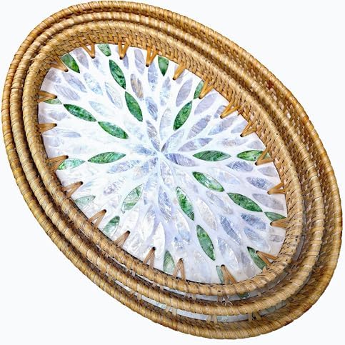i-lan Set of 3 Green Mother of Pearl Inlay Rattan Trays - Oval Handwoven Decorative Nesting Trays for Coffee Table & Ottoman - 13/12/11 Inch Emerald Green Woven Platters for Boho Home Decor & Wall Art by ilan