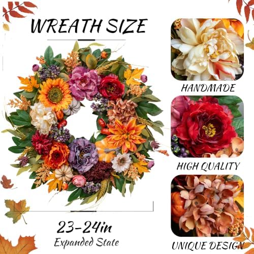 24 Inch Fall Wreaths for Front Door, Autumn Harvest Wreath, Porch Decor - Image 2