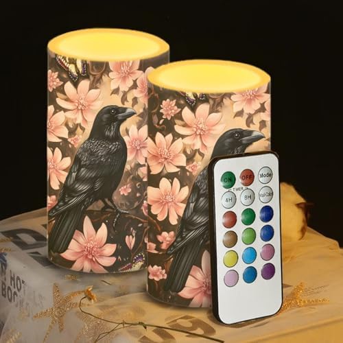 Crow Flameless Candles 2 Pack 6 x 3 inch Battery Operated Candles with Multicolor Timer Remote Control LED Fake Candles for Warm Light Dinner Table Home Decor by WelcometoLuarisgur