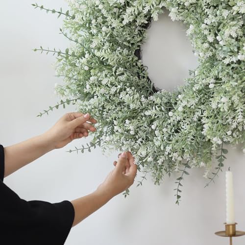 26" Large Artificial Eucalyptus Wreath for Front Door Decor (White-Green) - Image 4