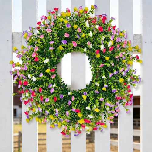 Spring Summer Wreaths for Front Door, 24 Inch Large Farmhouse Colorful Cottage Wreath, Extra-Full 378 Silk Artificial Carnation Floral Wreath, Blossom & Greenery Hanging for Porch, Home Decorations - Image 2