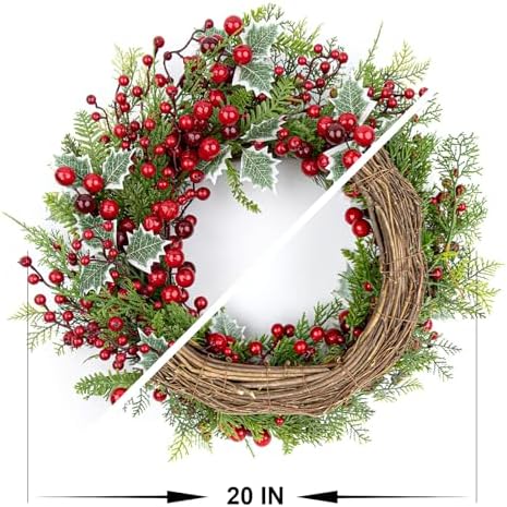 LLZLL Christmas Wreath for Front Door 20 Inch Indoor Christmas Wreaths Artificial Red Berry Wreath with Norfolk Pine and Holly Leaf for Holiday Celebrations - Image 2