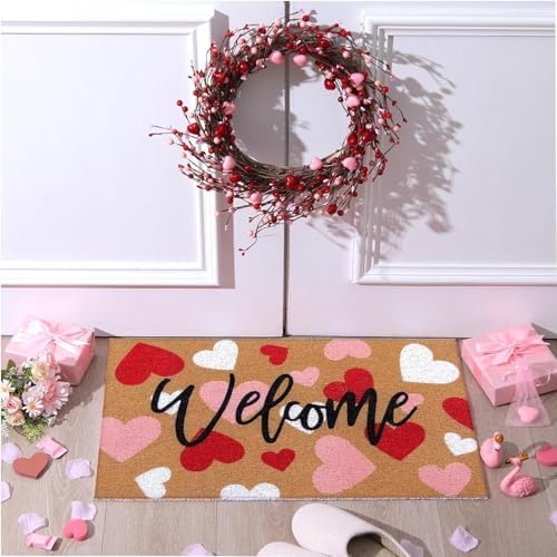 Tingjoo 2 Pcs Valentines Day Coir Door Mat and Heart Wreath for Front Door - Image 2