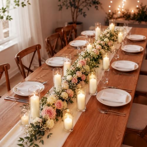 White Pillar Candles and Hurricane Glass Candle Holders, 24 PCS - Image 2