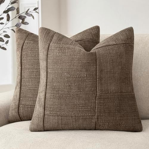 Foindtower Set of 2 Decorative Patchwork Chenille Throw Pillow Covers Textured Modern Vintage Cushion Covers Neutral Boho Accent Home Decor for Sofa Chair Couch Bed Living Room,22×22 Inch,Light Brown by Foindtower