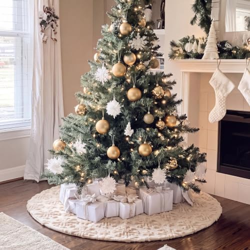 Civaner 48in Beige Snowflake Christmas Tree Skirt Faux Fur - Image 5