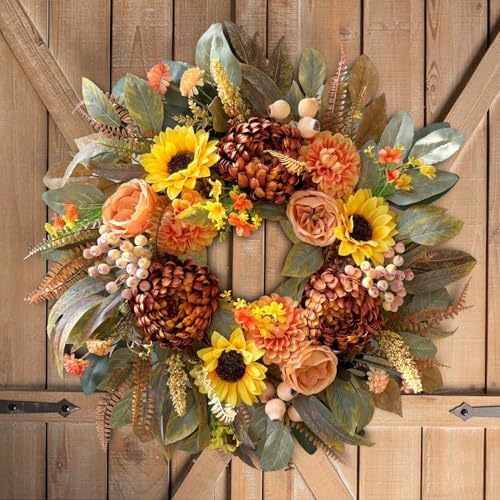 WANNA-CUL 24 Inch Sunflower Fall Front Door Wreath Farmhouse Harvest Decor - Image 6
