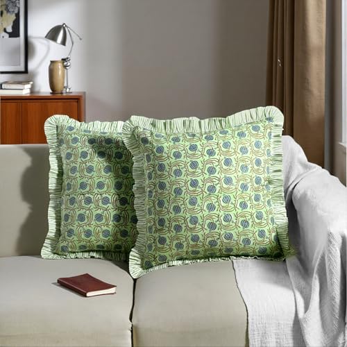 Ridhi Apple Green Floral Block Print Throw Pillow Covers 20x20 Inch - Image 3