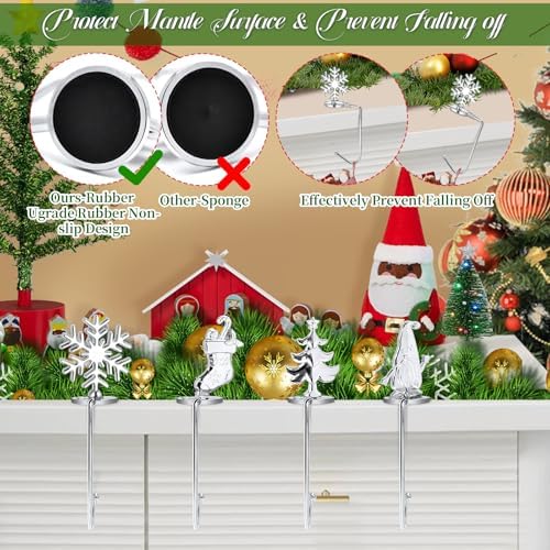 Christmas Stocking Holders for Mantel Set of 4, Non-Slip Adjustable Mantle Stocking Holders, Snowflake Snowman Reindeer Pine Tree Fireplace Stocking Hangers Set for Party Christmas Decorations - Image 3
