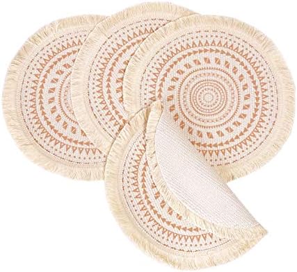 Fennco Styles Boho Geometric Fringe Decorative Cotton Placemats 13-inch Round, Set of 4 - Pink Heat Resistant Insulation Table Mats for Home Decor, Dining Table, Banquets and Special Events - Image 2