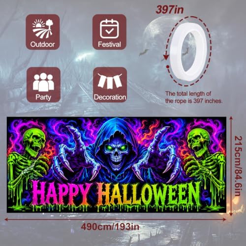 7x16FT Halloween Blacklight Neon Garage Door Cover Decorations happy Halloween Skull Garage Door Banner for Outdoor Indoor Halloween Decorations Party Photography Backdrop - Image 4