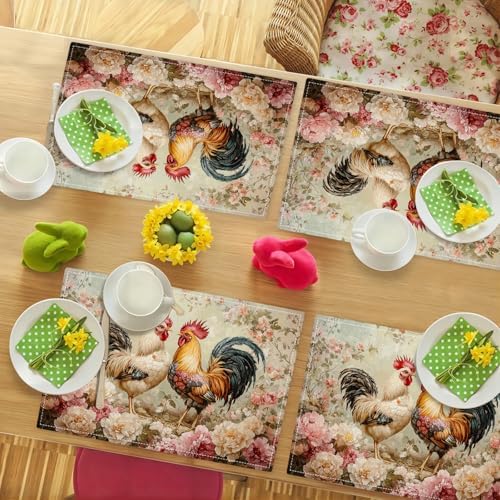Farmhouse Rooster Placemats Set of 6 Rustic Chicken Flowers Table Mats Farm Country Place Mats Decor Imitation Linen Heat Resistant Tablecloth for Dining Decoration Kitchen Party Restaurants 12''x18'' - Image 3