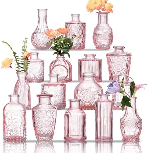 Glass Bud Vases Set of 16 - Pink Assorted Small Mini Glass Vases for Flowers, Crystal Vintage Vase Set, Bulk Centerpieces for Table Décor, Wedding, Home and Events (Pink, 16 Pcs) by Unknown