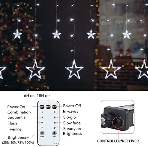 Star Curtain Lights for Bedroom - Plug-in 9ft 138 LED Fairy Twinkle Lights with 12 Star Drops, Connectable Window Lights with Remote 8 Lighting Modes for Indoor Xmas Ramadan Decoration, White - Image 5