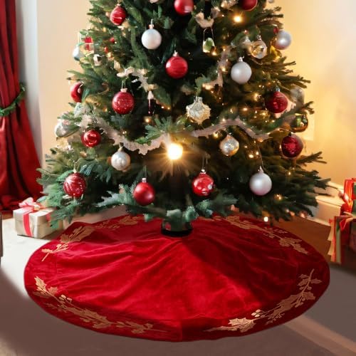 36 Inch Christmas Tree Skirt Velvet Xmas Tree Skirt with Gold Embroidery Holly Leaf Decorations for Christmas Party Favors Holiday New Year Decor(Red) - Image 5