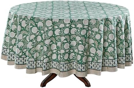 Ridhi Block Print Round Tablecloth Turquoise Moss Green 60 Inch 100% Cotton - Image 4