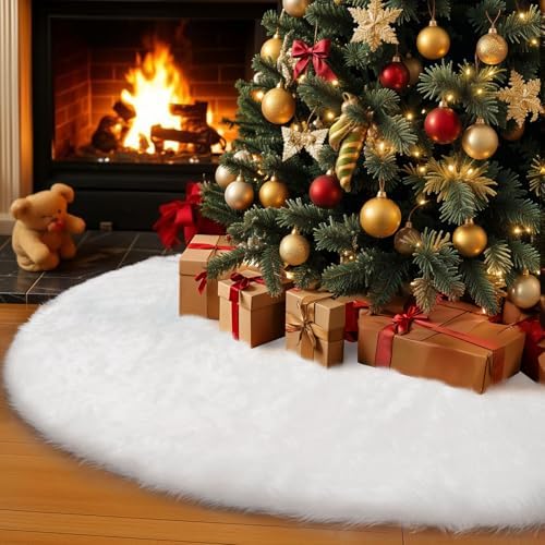AerWo 72 Inch Christmas Tree Skirt, White Faux Fur Tree Skirt Thick Soft Plush Rug for Christmas Tree Decorations, Large Xmas Tree Mat for Christmas Indoor Holiday Party Ornaments Home Decorations by AerWo