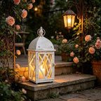 17" Vintage Distressed White Metal Lantern, Glass Paneled Hanging Candle Lantern, Rustic Farmhouse Decor for Indoor & Outdoor Patio, Garden, Wedding & Entryway Display - Image 3