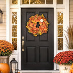 24 Inch Fall Wreath for Front Door with Storage Bag, Autumn Pumpkin Wreaths with Orange Maple Leaf and Berries for Outdoor, Farmhouse Porch Thanksgiving and Harvest Festival Parties - Image 3