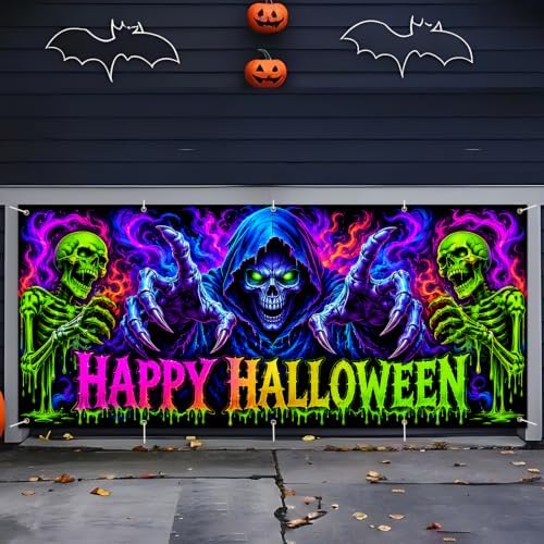 7x16FT Halloween Blacklight Neon Garage Door Cover Decorations happy Halloween Skull Garage Door Banner for Outdoor Indoor Halloween Decorations Party Photography Backdrop - Image 7