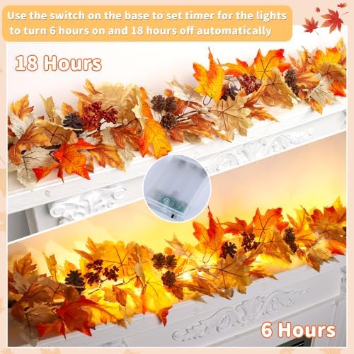 Fall Decor 6FT Lighted Fall Garland with Lights & Timer, Full Autumn Light Up Fall Leaf Mantle Garland with Pumpkin Berries Pinecone, Indoor Fall Thanksgiving Decorations for Home Fireplace Porch Door - Image 3