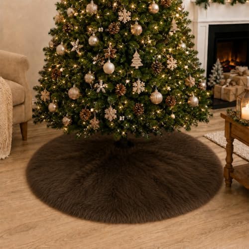 60 Inch Christmas Tree Skirt - Fluffy Faux Fur Dark Brown Tree Skirt, Toka Colored Plush Xmas Holiday Decor for Parties, Small Round Tree Skirt - Image 3
