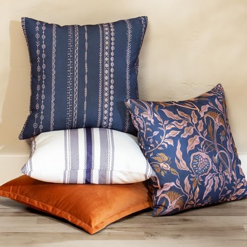 Floral Boho Decorative Throw Pillow Covers, Set of 4, 18x18 Inch Navy Blue Earth Tone Patterned Accent Pillow Covers - Image 4