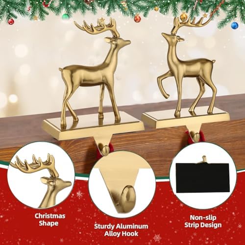 2 Pack 3D Christmas Stocking Holders for Mantle Xmas Reindeer Antique Gold Stocking Holder for Fireplace Xmas Stocking Hooks Weighted Hangers Holiday Christmas Decorations Supplies (Antique Deer) - Image 4