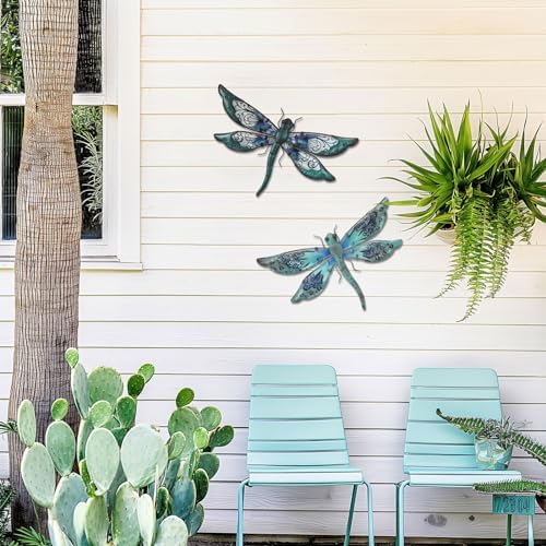 LIFFY Glass Metal Dragonfly Wall Decor Pair - Outdoor Wall Art for Garden and Home - Hanging Decor Gifts for Women, Light Blue - Image 3
