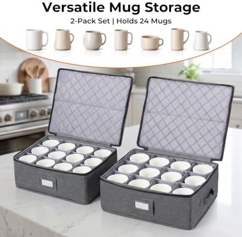 UFORU Cup and Mug Storage Box with Dividers Handles, 2 Packs Holds 24 Cups - Image 2