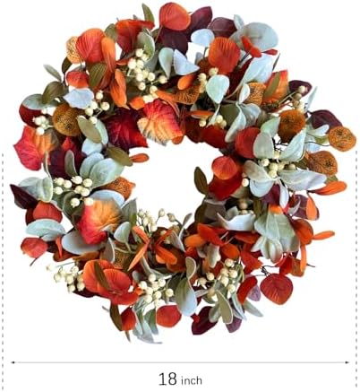 22 Inch Fall Front Door Wreath with Eucalyptus Lamb Ears Leaves and Berries, Autumn Fall Leaves Wreath with White Berries for Indoor and Outdoor, Festival Home Decor - Image 6