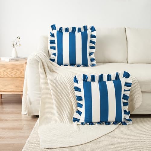MONDAY MOOSE Decorative Throw Pillow Covers, Set of 2 Water-Resistant Striped Design with Ruffle Edge for Outdoor/Indoor Use, Pillow Inserts Not Included (20x20 inch, White/Blue) - Image 5