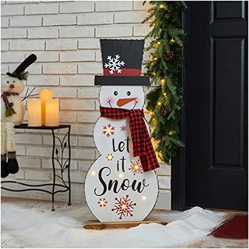Glitzhome 36" H Lighted Wooden Christmas Snowman Porch Décor Standing Porch Sign Merry Christmas Welcome Sign Holiday Party Outdoor Indoor Xmas Decorations by Glitzhome