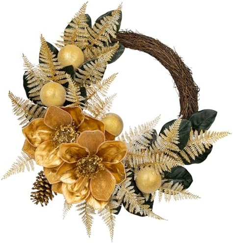 24" Christmas Wreath for Front Door – Artificial Winter Half Wreath with Gold Maglonia Flower, Ball Ornaments, Fern Leaves for Indoor & Covered Outdoor Holiday Christmas Decoration by Arborus