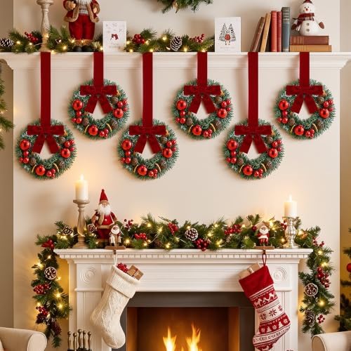 Dingion 6 Pcs 6 Inch Mini Christmas Cabinet Wreath with Burgundy Bow - Image 4
