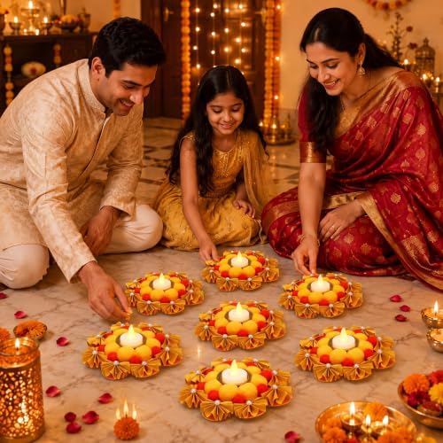 LemonRoad 7pcs Diwali Rangoli Mats, Reusable 6" LED Tealight Diya Holders - Image 5