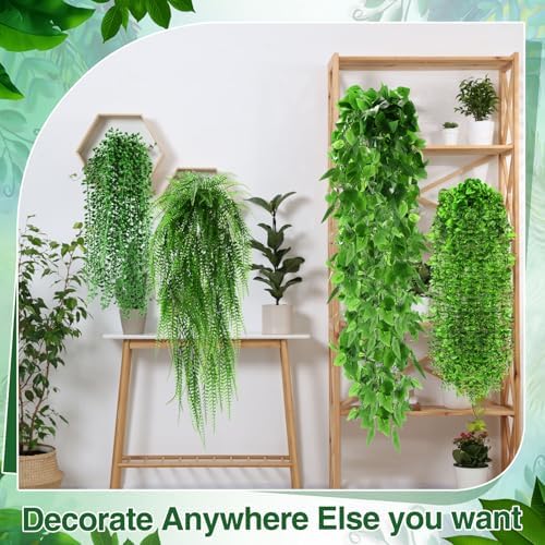 Daifunli 48 Pcs Artificial Hanging Plants Fake Hanging Ferns Plastic Fake Plants for Wall Room Garden Garland Indoor Outdoor Decor No Basket (Boston,Eucalyptus,Ivy Vine,String of Pearls) - Image 6