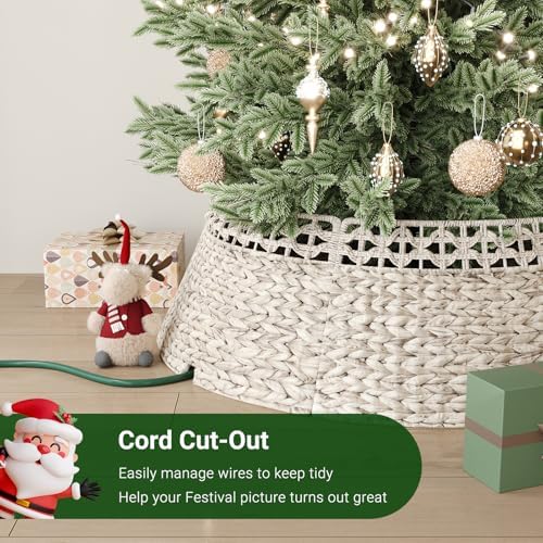 ELYKEN 33 Inch Woven Rattan Christmas Tree Collar, Stylish Seagrass & Water Hyacinth Xmas Tree Skirt for Artificial Trees, Wicker Tree Base Cover with Cord Cut-Out Farmhouse Tree Ring for Home Decor - Image 4