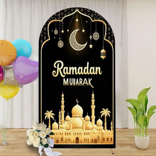 7.2FT Arch Backdrop Cover Black Gold Eid Ramadan Mubarak Photography Holiday Welcome Crescent Wedding Arch Cover Spandex Fitted Stretchy Backdrop Stand Covers for Birthday Party Wedding Decoration by Unknown