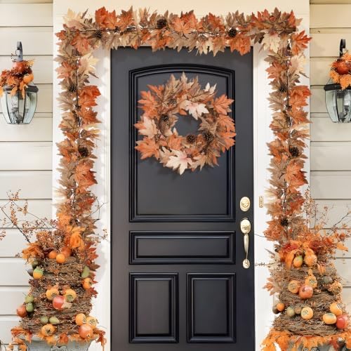 9 Ft Fall Garland with Lights & Timer, Thanksgiving Fireplace Mantel Decor - Image 5