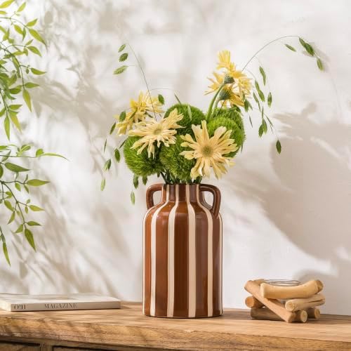 Ceramic Flower Vase with Handles, Modern Brown Striped Decorative Vase for Home Decor, 9.1" Art Floral Tall Flower Vases for Living Room & Kitchen, Mantel & Bookshelf, Centerpieces, Entryway - Image 2