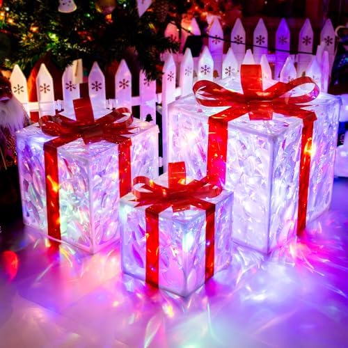 Set of 3 Christmas Lighted Gift Boxes with 50 LEDs,Outdoor Christmas Decorations,8 Modes RGBW Lights,Battery Operated Light Up Present Boxes for Christmas Trees Indoor Outdoor Home Yard Lawn Decor by Unknown