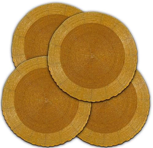 Lightnpro Handmade Beaded Placemats Set of 4 – 13 Inch Round Mustard, Elegant Artisan Table Accessories, Elegant Farmhouse Dining Table Décor for Holiday Gatherings & Special Occasions by Lightnpro