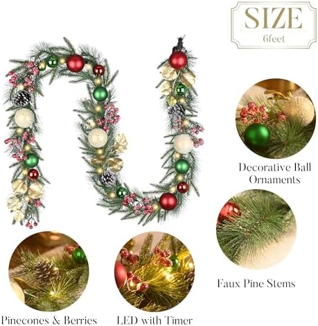 Valery Madelyn 9 Ft Christmas Garland with Lights for Mantle Red Green Gold - Image 6