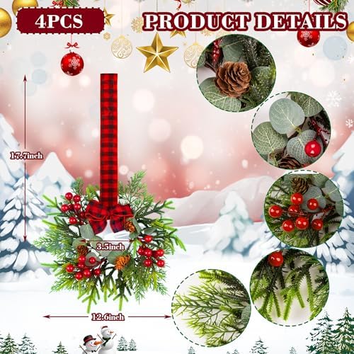 4Pcs Small Christmas Wreath - Mini Wreaths with Red Berry Pine Eucalyptus Christmas Wreaths for Door Kitchen Cabinets Window Fireplaces Decor - Image 2