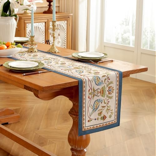 Laolitou Designer Vintage Blue Bird Linen Table Runner, Farmhouse Cottage Rustic Table Runners, Floral Pattern Table Mat, Decoration for Kitchen Dining and Coffee Tables Banquet Christmas 13x72 Inches - Image 5