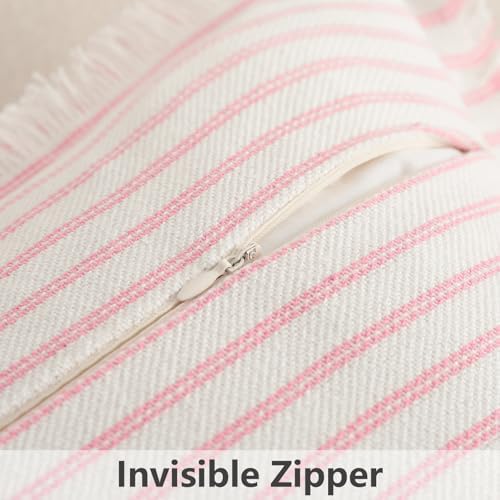 ZWJD Throw Pillow Covers 18x18 Set of 2 Striped Pillow Covers with Fringe Chic Cotton Decorative Pillows Square Cushion Covers for Sofa Couch Bed Living Room Farmhouse Decor (Pink) - Image 5